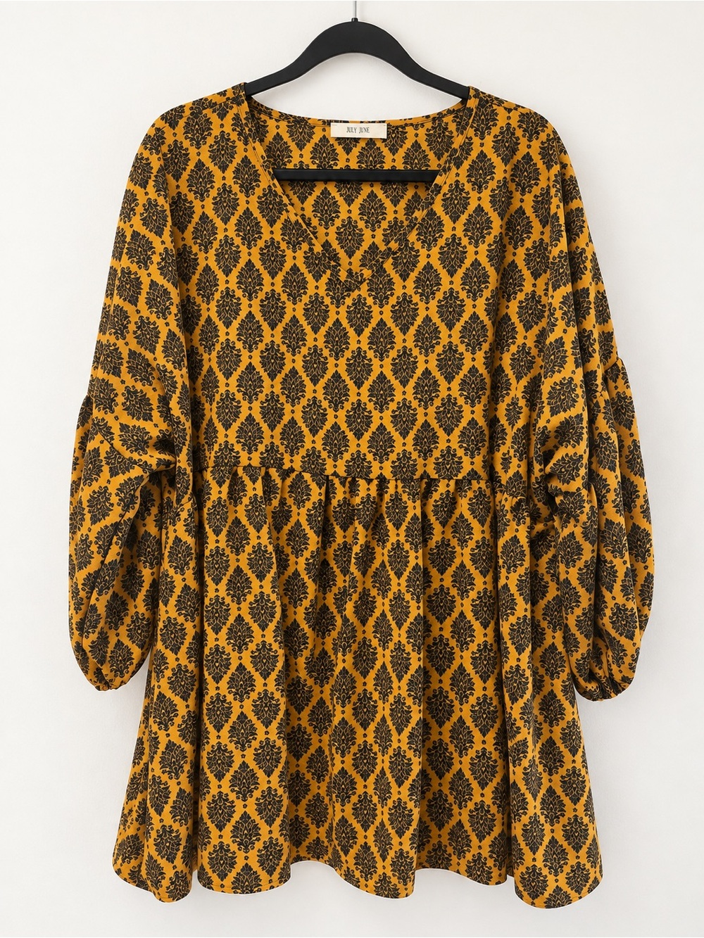 Relaxed Mustard Yellow Printed Long-Sleeve Dress